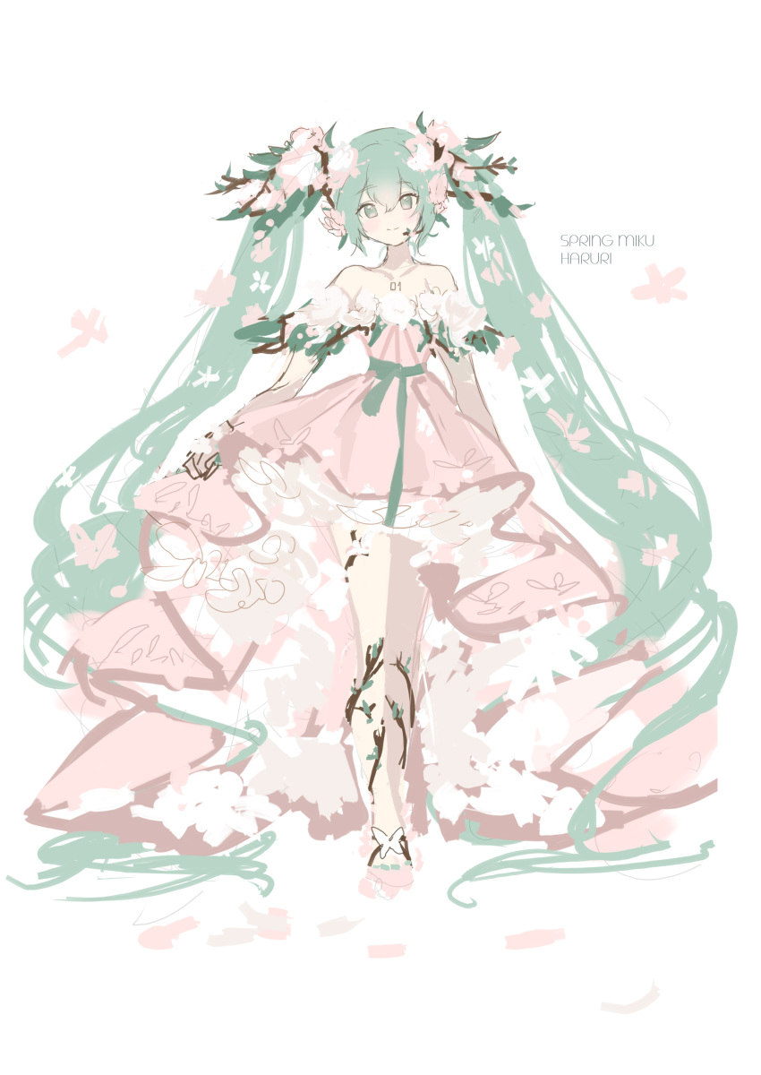 1girl absurdly_long_hair absurdres aqua_eyes aqua_hair bare_shoulders branch butterfly_ornament dress flower frilled_dress frills full_body hair_branch hair_flower hair_ornament haruri hatsune_miku headset highres long_hair looking_at_viewer pink_dress sketch smile strapless strapless_dress twintails very_long_hair vocaloid white_background