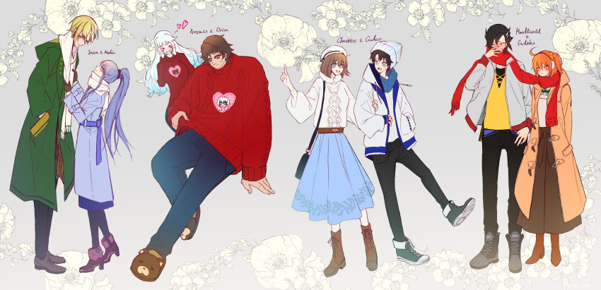 4boys 4girls absurdres ahoge artemis_(fate/grand_order) bag bear_slippers black_hair blonde_hair blush boots braid brown_hair caster_lily charlotte_corday_(fate/grand_order) coat earmuffs fate/grand_order fate_(series) floral_background fujimaru_ritsuka_(female) fujimaru_ritsuka_(male) handbag heart high_heels highres hood hoodie jason_(fate/grand_order) mandricardo_(fate/grand_order) multiple_boys multiple_girls orange_hair orion_(super_archer)_(fate) ponytail purple_hair scarf shared_scarf shia_(kashia) side_ponytail skirt sweater white_hair winter_clothes winter_coat