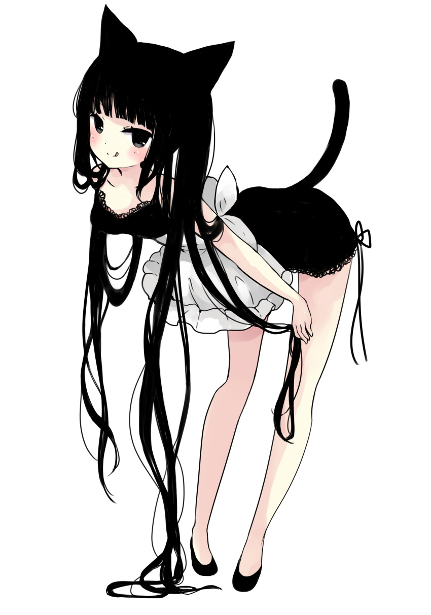 1girl :q absurdres animal_ears apron bangs bare_arms bare_shoulders black_dress black_eyes black_footwear black_hair blush breasts cat_ears cat_girl cat_tail closed_mouth dress frilled_apron frills full_body highres lace lace-trimmed_dress leaning_forward long_hair looking_at_viewer original shoes simple_background sleeveless sleeveless_dress small_breasts smile solo standing tail tail_raised tongue tongue_out tsukiyo_(skymint) very_long_hair white_apron white_background