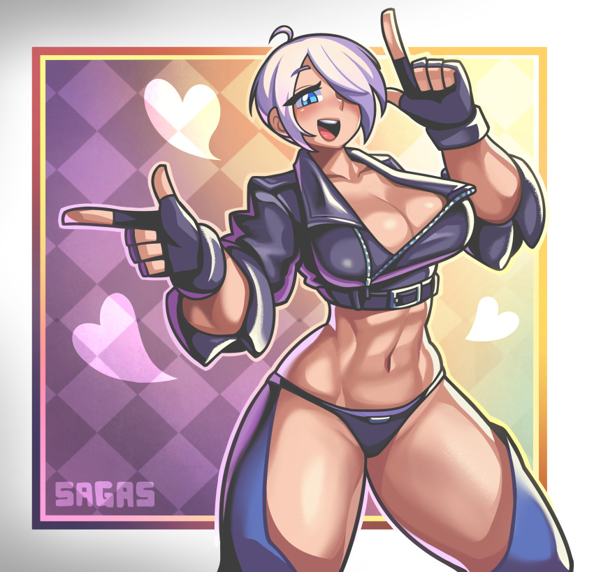 1girl abs absurdres angel_(kof) blue_eyes breasts commentary english_commentary fingerless_gloves gloves heart highres large_breasts one_eye_covered sagas293 short_hair solo the_king_of_fighters upper_body white_background white_hair