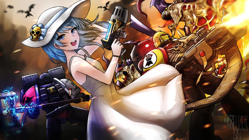 1girl 2boys adeptus_astartes artist_name blue_eyes blue_hair bracelet crossover dress english_commentary from_side gun hat hat_ribbon heavy_bolter helmet highres holding holding_gun holding_weapon hololive hoshimachi_suisei inquisition jewelry kreuzer_00 looking_at_viewer multiple_boys open_mouth orkz pauldrons plasma_pistol power_armor ribbon short_hair skull_hat_ornament sleeveless sleeveless_dress smile space_marine sun_hat sundress tyranid upper_teeth virtual_youtuber war_hammer warhammer_40k weapon white_dress white_headwear