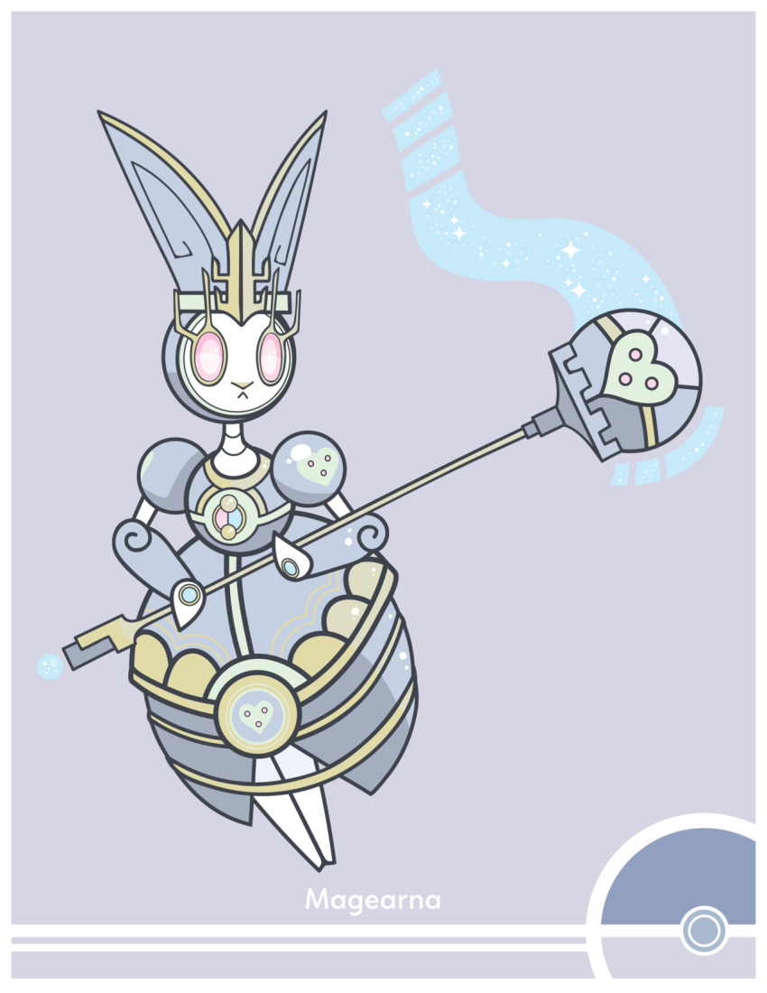 bunny_focus character_name commentary cosmopoliturtle creature english_commentary frown gen_7_pokemon grey_background highres holding holding_scepter magearna magearna_(normal) mythical_pokemon no_humans pink_eyes pokemon pokemon_(creature) rabbit scepter simple_background solo
