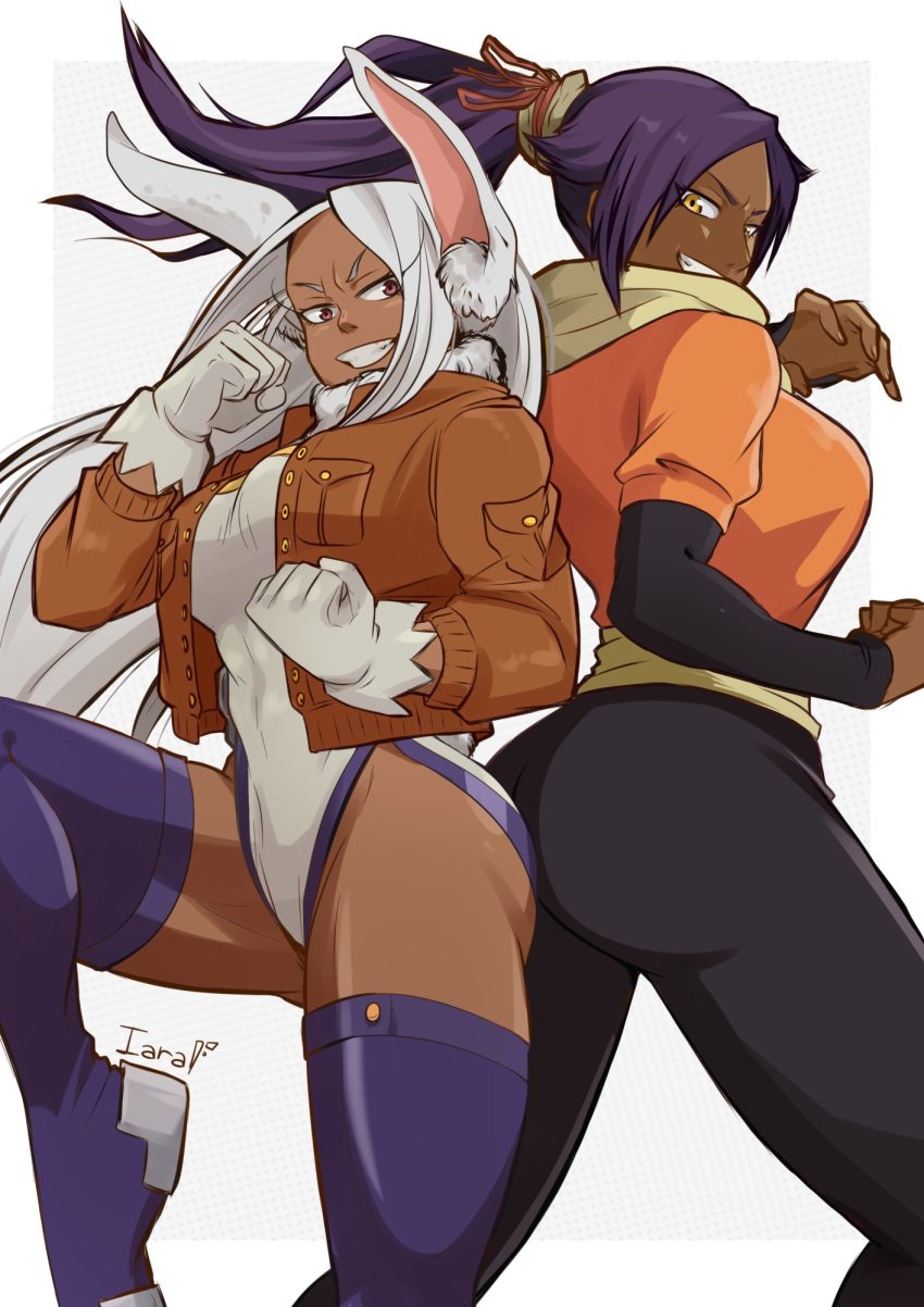 2girls animal_ear_fluff animal_ears armor armored_boots artist_name ass ass-to-ass ass_press ass_visible_through_thighs back back-to-back bangs bare_back bare_shoulders beige_scarf black_legwear black_leotard bleach blue_footwear blue_legwear boku_no_hero_academia boots border breasts bunny_tail buttons clenched_hands commentary constricted_pupils crescent_print crossover dark_skin faulds fighting_stance flipped_hair floating_hair from_side fur_collar gloves grey_background groin hair_ribbon halftone halftone_background hand_up high_ponytail highleg highres iaranaika jacket large_breasts leg_up legs_apart leotard long_hair looking_at_viewer looking_back mirko multiple_girls muscle muscular_female orange_shirt outside_border parted_bangs pocket ponytail portuguese_commentary purple_hair rabbit_ears red_eyes red_ribbon ribbon scarf shihouin_yoruichi shirt sideboob signature standing standing_on_one_leg tail tail_through_clothes teeth thick_thighs thigh-highs thigh_boots thighs trait_connection v-shaped_eyebrows very_long_hair white_border white_gloves white_hair white_leotard yellow_eyes