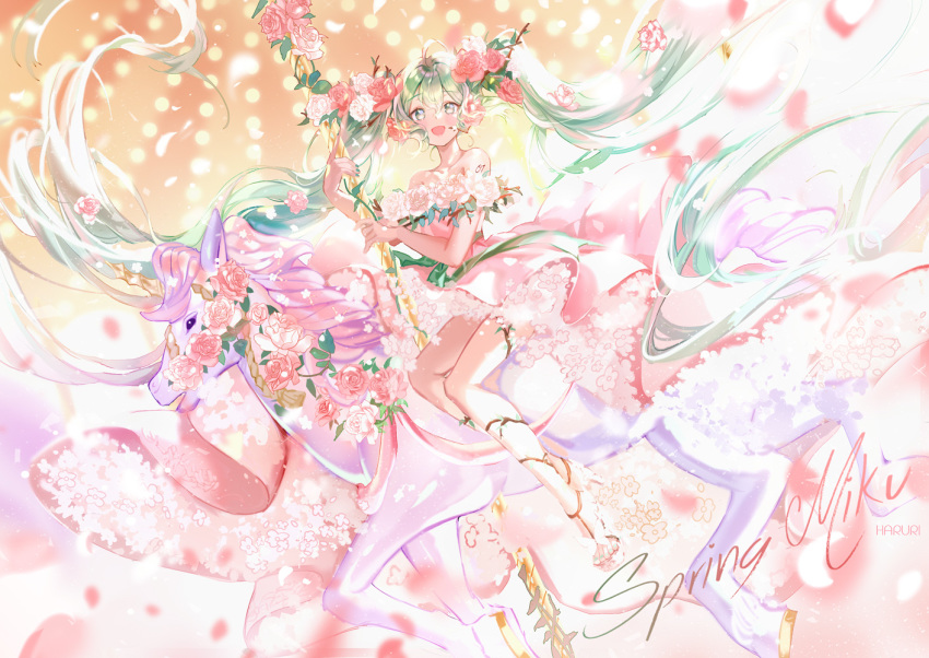 1girl absurdly_long_hair aqua_eyes aqua_hair artist_name blurry_foreground butterfly_ornament carousel character_name dress flower frilled_dress frills full_body hair_branch hair_flower hair_ornament haruri hatsune_miku holding_pole horn lights long_hair looking_at_viewer petals pink_dress pole red_flower smile strapless strapless_dress twintails unicorn very_long_hair vocaloid white_flower