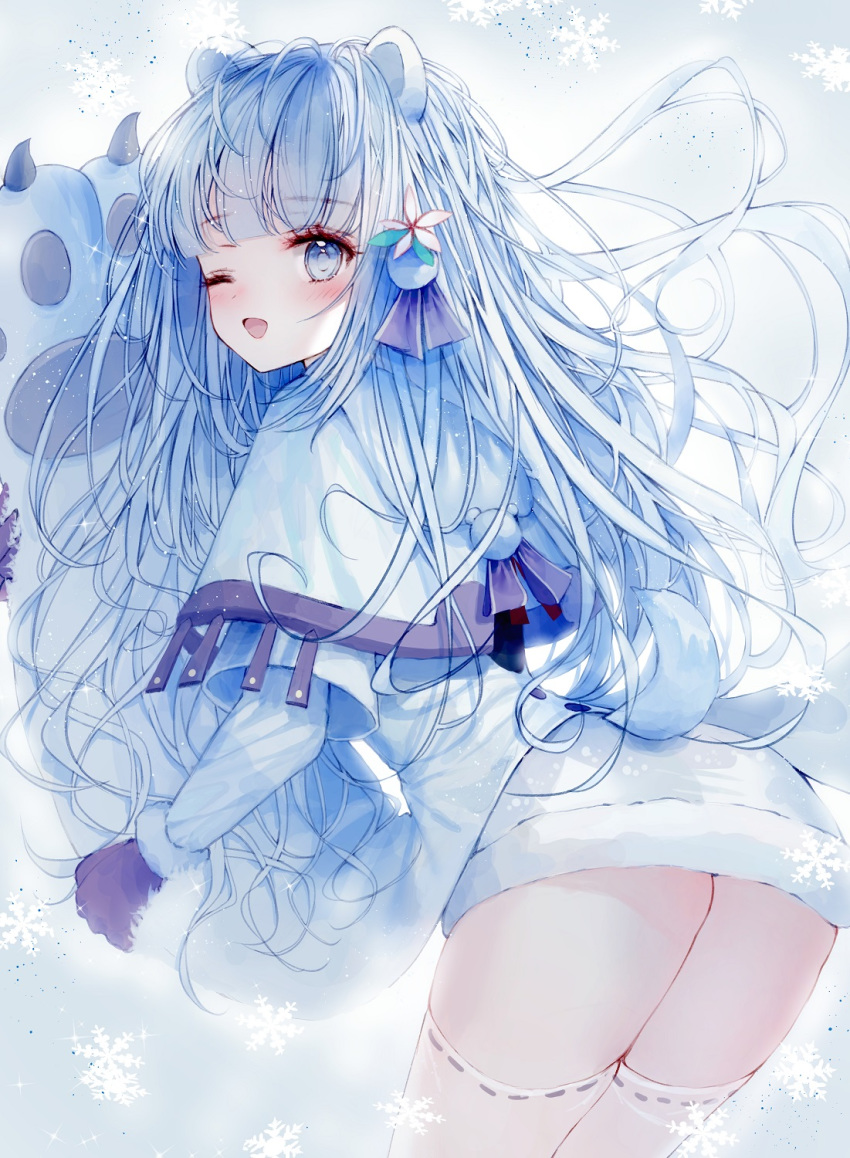 1girl animal_ears ass bear_ears blue_eyes blue_hair blush capelet character_request dress from_behind fur_trim gloves highres light_blue_hair long_sleeves looking_at_viewer one_eye_closed purple_gloves smile snowflakes solo tail tandohark thigh-highs thighs white_dress white_legwear wild_girls zettai_ryouiki