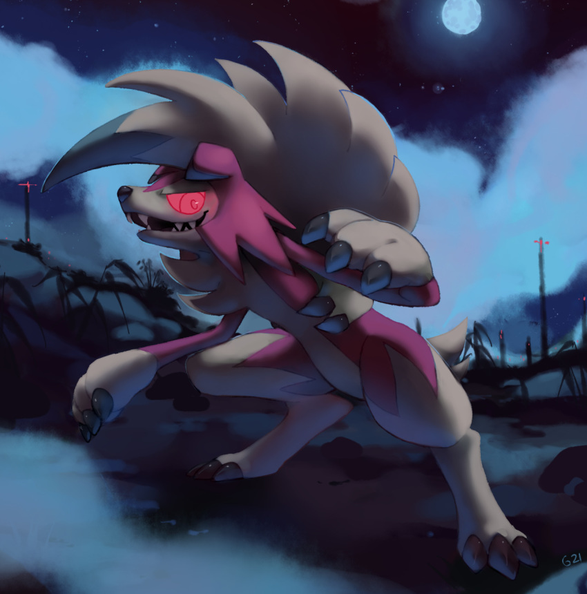 claws clouds cloudy_sky commentary creature dark english_commentary fangs full_body full_moon gen_7_pokemon highres lycanroc lycanroc_(midnight) moon night night_sky no_humans pinkgermy pokemon pokemon_(creature) rock sharp_teeth signature sky solo standing teeth
