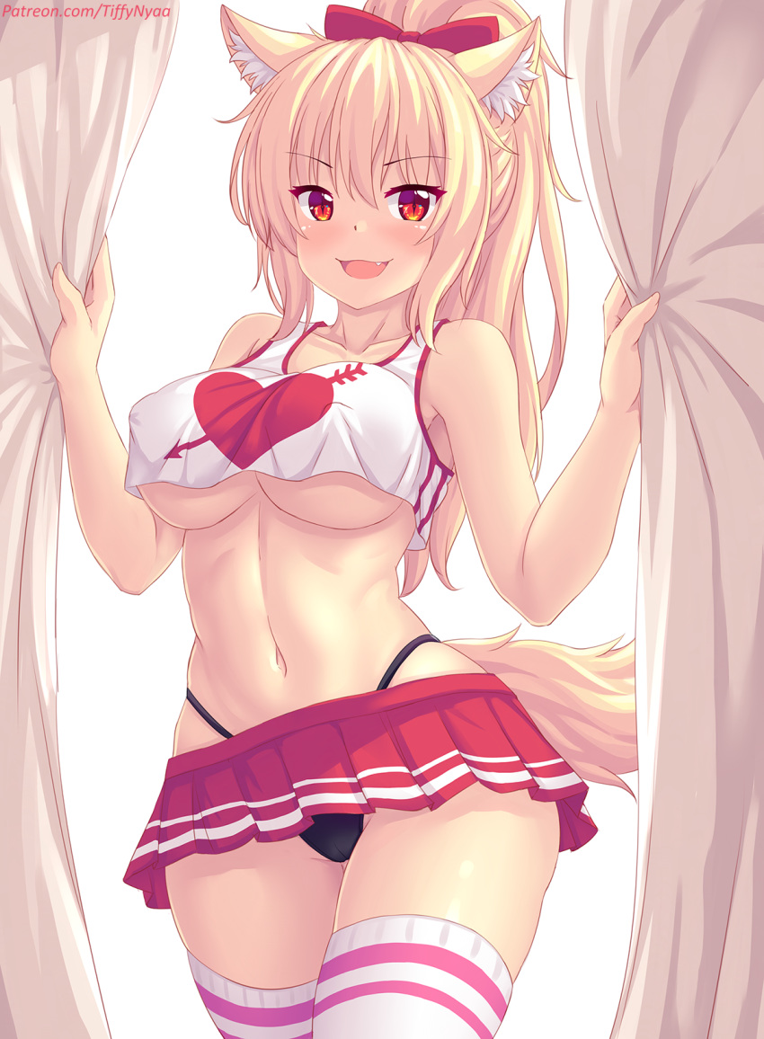1girl :d animal_ears black_panties blonde_hair breasts cat_ears cat_tail commentary crop_top curtains english_commentary fang fast-runner-2024 highleg highleg_panties highres large_breasts microskirt no_bra open_mouth original panties ponytail red_eyes skirt smile solo tail thigh-highs tiffy_(fast-runner-2024) under_boob underwear watermark web_address white_hair