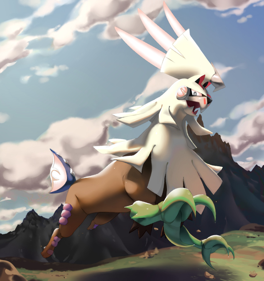 blue_sky clouds cloudy_sky commentary creature day english_commentary full_body gen_7_pokemon highres jumping legendary_pokemon looking_at_viewer mountain no_humans outdoors pinkgermy pokemon pokemon_(creature) rock running shadow silvally sky solo