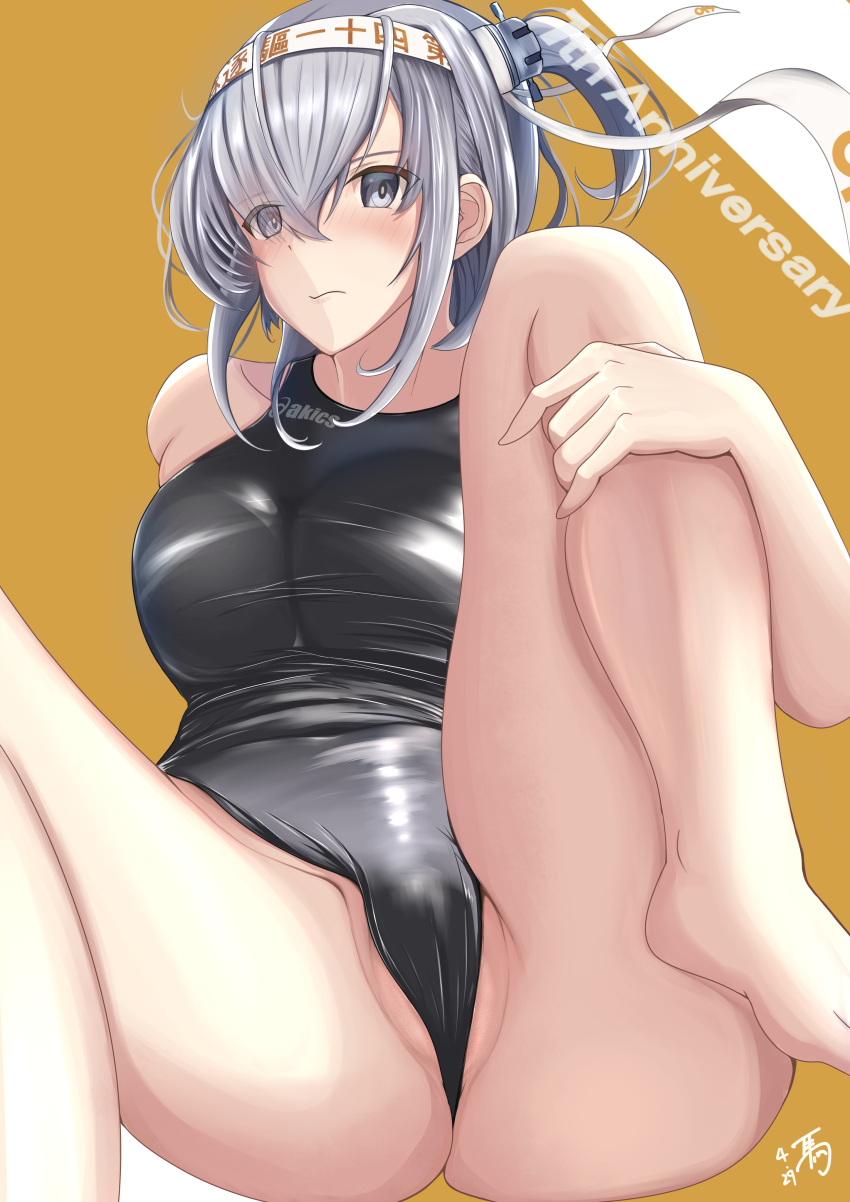 1girl absurdres alternate_costume bare_shoulders black_swimsuit blush breasts brown_background closed_mouth competition_swimsuit eyebrows_visible_through_hair grey_eyes hachimaki hair_between_eyes hair_ornament headband highres kantai_collection large_breasts long_hair looking_at_viewer one-piece_swimsuit one_side_up silver_hair solo suzutsuki_(kantai_collection) swimsuit tonbury two-tone_background white_background