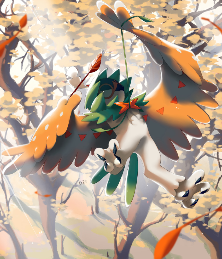 bird bird_focus claws commentary creature decidueye english_commentary forest full_body gen_7_pokemon highres nature no_humans outdoors pinkgermy pokemon pokemon_(creature) shadow signature solo