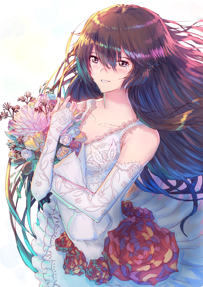 1girl absurdres aochoku brown_eyes brown_hair commentary crying crying_with_eyes_open dress elbow_gloves english_commentary engrish_commentary floral_print flower gloves happy_tears highres long_hair otonashi_maria smile tears utsuro_no_hako_to_zero_no_maria very_long_hair wedding_dress white_background white_dress