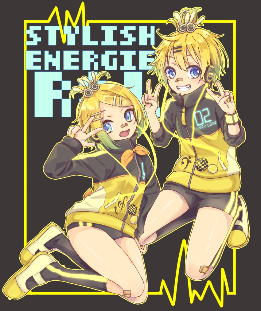 1boy 1girl badge bandaid bandaid_on_nose bangs bass_clef black_jacket black_shorts blonde_hair buruma commentary double_v full_body grin hair_ornament hands_up harusamesyota highres jacket kagamine_len kagamine_rin kneehighs kneeling legs_up looking_at_viewer open_mouth project_diva_(series) shoes short_hair short_ponytail short_shorts shorts siblings smile sneakers spiky_hair star star_print stylish_energy_(module) swept_bangs treble_clef twins two-tone_jacket v vocaloid w yellow_jacket