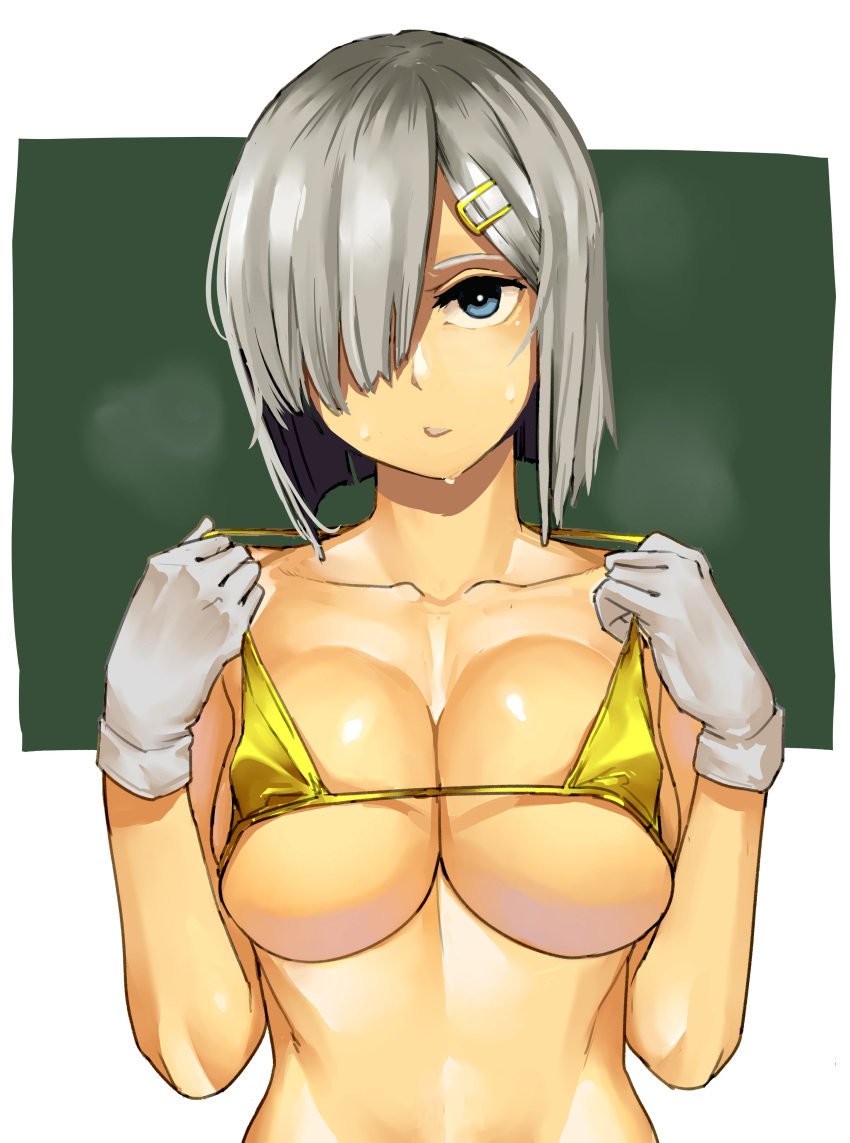 1girl absurdres aima_imoko0327 bare_shoulders bikini bikini_pull blue_eyes breast_press breasts collarbone commentary_request covered_nipples gloves hair_ornament hair_over_one_eye hairclip hamakaze_(kantai_collection) highres kantai_collection large_breasts looking_at_viewer micro_bikini parted_lips pulled_by_self short_hair silver_hair solo sweat swimsuit under_boob upper_body white_gloves yellow_bikini