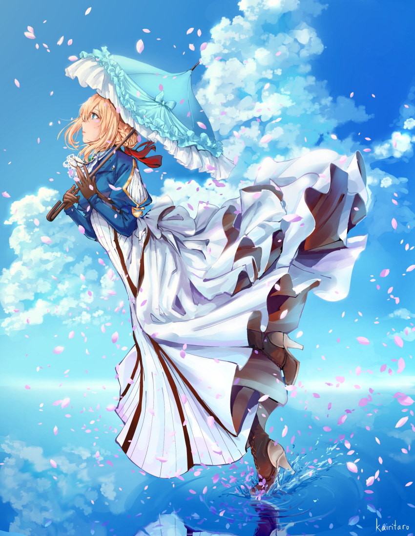 1girl absurdres bangs blonde_hair blue_eyes blue_jacket blue_sky boots brooch brown_gloves cherry_blossoms clouds english_commentary falling_petals from_side gloves hair_between_eyes hair_intakes high_heel_boots high_heels highres holding holding_umbrella jacket jewelry kairitaro long_skirt parasol red_ribbon ribbon sidelocks skirt sky splashing umbrella violet_evergarden violet_evergarden_(character) water white_neckwear white_skirt