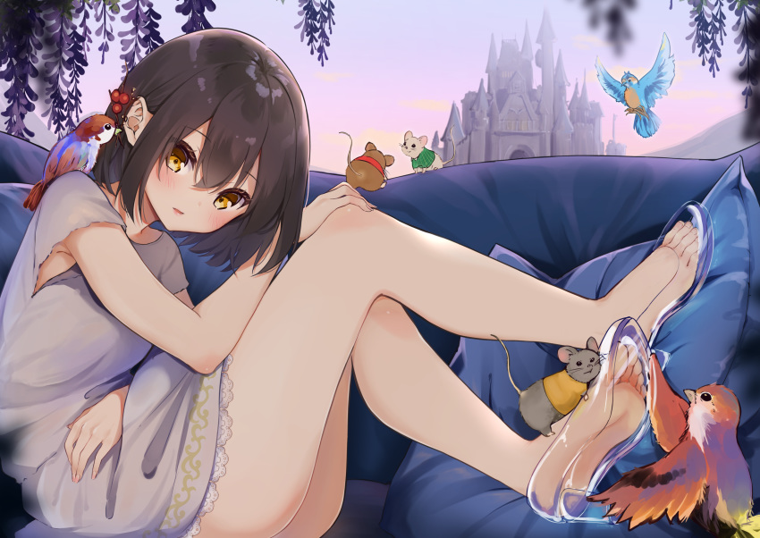 1girl absurdres animal bare_arms bare_legs bird black_hair castle cinderella commentary_request couch feet glass_slipper high_heels highres kodama_(koda_mat) looking_at_viewer mouse orange_hair original see-through short_hair toes transparent transparent_footwear