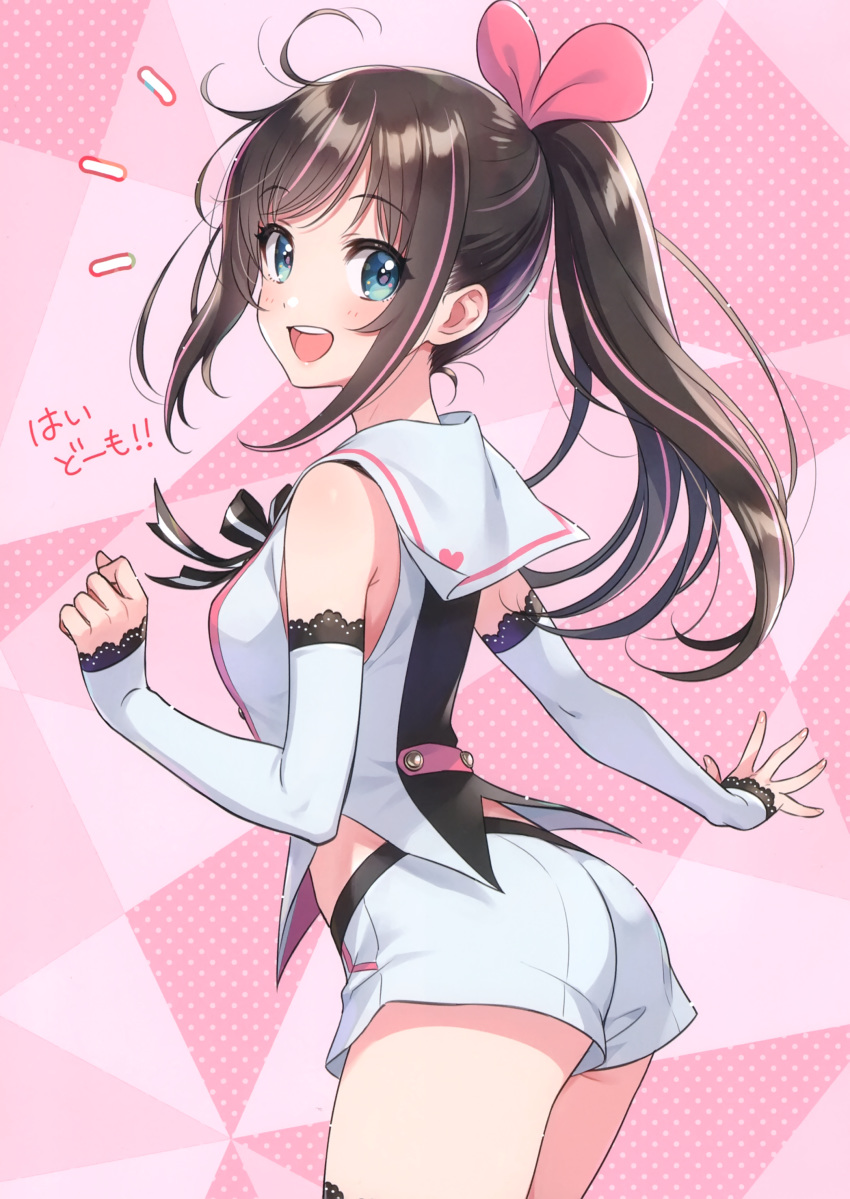 1girl a.i._channel absurdres aqua_eyes ass bangs bare_shoulders blue_eyes blush breasts brown_hair cowboy_shot detached_sleeves eyebrows_visible_through_hair from_behind hair_between_eyes highres kizuna_ai lips long_hair looking_at_viewer looking_back morikura_en official_art open_mouth page_number polka_dot polka_dot_background ponytail round_teeth scan short_shorts shorts sidelocks simple_background solo standing teeth thigh-highs twitter_username virtual_youtuber