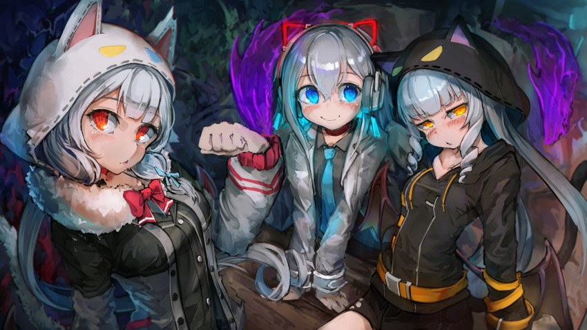 3girls alternate_hair_color animal_ear_headphones animal_hood bangs blue_eyes blunt_bangs breasts chii_aruel hair_between_eyes highres hood jacket kajaneko lily_bloomerchen long_hair looking_at_another looking_at_viewer low_wings medium_breasts multiple_girls necktie open_clothes open_jacket orange_eyes silver_hair soul_worker stella_unibell tail wings yellow_eyes