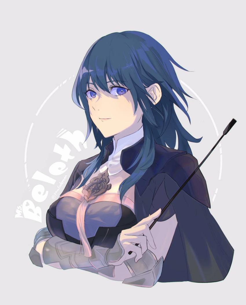 1girl armor blue_eyes blue_hair byleth_(fire_emblem) byleth_eisner_(female) bynomeans character_name closed_mouth fire_emblem fire_emblem:_three_houses grey_background highres holding simple_background solo twitter_username upper_body