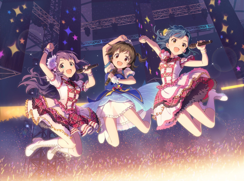 3girls akagi_miria arm_up audience blue_hair boots brown_eyes commentary_request concert costume crowd dress flower glowstick green_eyes hair_flower hair_ornament highres holding holding_microphone idol idolmaster idolmaster_cinderella_girls idolmaster_million_live! jumping knee_boots long_hair looking_at_viewer medium_hair microphone mochizuki_anna multiple_girls nanao_yuriko open_mouth puffy_short_sleeves puffy_sleeves purple_hair short_sleeves stage tiara tokachi_gumi two_side_up white_footwear wrist_cuffs yellow_eyes