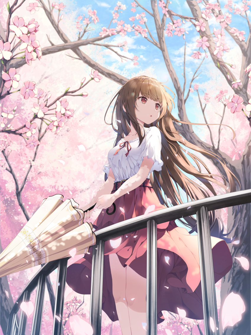 1girl :o absurdres bangs blue_sky brown_hair cherry_blossoms day eyebrows_visible_through_hair hair_blowing highres holding holding_umbrella keis_(locrian1357) long_hair original outdoors parted_lips petals railing red_eyes red_ribbon red_skirt ribbon shirt skirt sky solo standing tree tree_branch umbrella white_shirt wind wind_lift