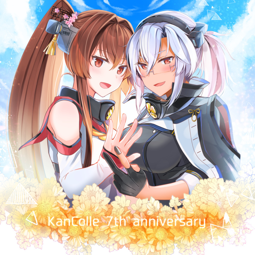 2girls anniversary bangs black_gloves black_nails blush breasts brown_eyes brown_hair clouds commentary_request copyright_name detached_sleeves eyebrows_visible_through_hair flower glasses gloves hair_between_eyes headgear highres kantai_collection large_breasts long_hair multiple_girls musashi_(kantai_collection) nail_polish open_mouth partly_fingerless_gloves pink_flower red_eyes remodel_(kantai_collection) sky upper_body white_hair yamato_(kantai_collection) yellow_flower yunamaro