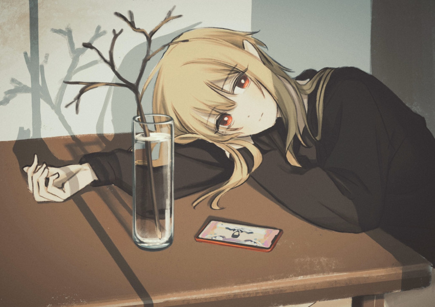 black_sweater blonde_hair cellphone closed_mouth deg_(deguana) eyebrows_visible_through_hair glass highres idolmaster idolmaster_cinderella_girls idolmaster_cinderella_girls_starlight_stage kurosaki_chitose long_hair phone red_eyes sidelocks sitting smartphone sweater table tagme