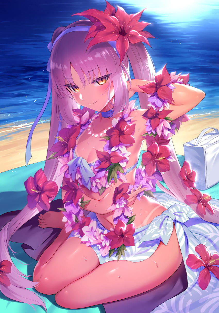 1girl bangs bare_legs bare_shoulders barefoot beach bikini bikini_tan blue_bikini blue_sarong blush breasts choker closed_mouth collarbone day euryale eyebrows_visible_through_hair fanbox_reward fate/hollow_ataraxia fate_(series) flower flower_necklace front-tie_top hair_flower hair_ornament hair_ribbon hairband hibiscus highres jewelry lei long_hair looking_at_viewer m-da_s-tarou navel necklace ocean outdoors paid_reward print_sarong purple_hair red_flower ribbon sand sarong sitting slit_pupils small_breasts smile solo sweat swimsuit tan tanline twintails very_long_hair water yellow_eyes yokozuwari