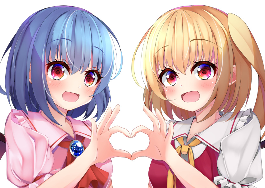 2girls :d absurdres blonde_hair blue_hair blush collared_dress collared_shirt demon_wings dress ekidona flandre_scarlet hair_between_eyes happy heart heart_hands highres looking_at_viewer medium_hair multiple_girls neckerchief open_mouth pink_dress puffy_short_sleeves puffy_sleeves red_eyes red_neckwear red_vest remilia_scarlet shirt short_sleeves siblings side_ponytail simple_background sisters smile touhou upper_body vampire vest white_shirt wings yellow_neckwear