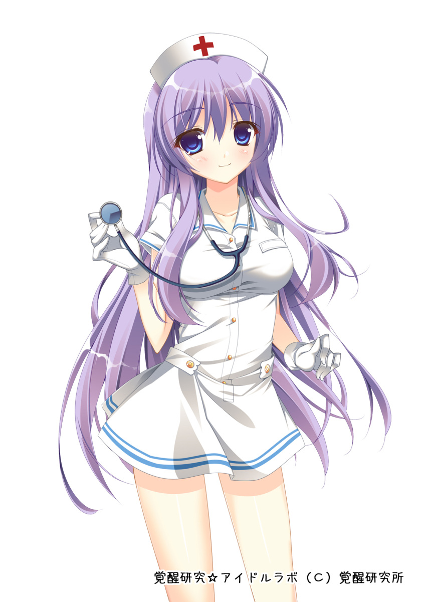 1girl blue_eyes blush breasts buttons closed_mouth cross dress gloves hat highres kakusei_kenkyuu_idol_lab large_breasts long_hair looking_at_viewer nurse nurse_cap purple_hair red_cross simple_background smile solo stethoscope suzushiro_atsushi white_background white_gloves