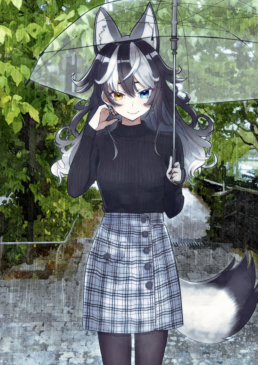 1girl absurdres animal_ear_fluff animal_ears bangs black_hair black_legwear black_nails black_shirt blue_eyes buttons commentary cowboy_shot day earrings extra_ears fang fang_out grey_wolf_(kemono_friends) hair_between_eyes hand_on_own_cheek hand_up heterochromia highres holding holding_umbrella jewelry kemono_friends long_sleeves looking_at_viewer multicolored_hair outdoors pantyhose plaid plaid_skirt ponta_(matsuokazieg) rain ribbed_shirt shirt skirt smile solo symbol_commentary tail tail_through_clothes transparent transparent_umbrella tree turtleneck two-tone_hair umbrella white_hair wolf_ears wolf_girl wolf_tail yellow_eyes