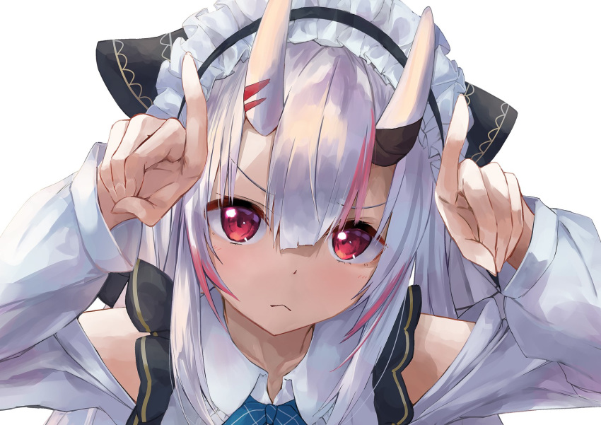 1girl :&lt; blue_neckwear closed_mouth collared_shirt commentary eyebrows_visible_through_hair finger_horns hair_between_eyes hair_ribbon highres hololive horns_pose konkito long_hair looking_at_viewer maid_headdress multicolored_hair nakiri_ayame oni_horns red_eyes redhead ribbon shirt silver_hair simple_background solo streaked_hair two-tone_hair upper_body virtual_youtuber white_background white_shirt wing_collar