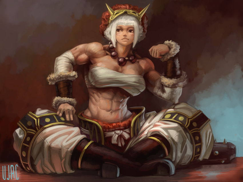 1girl abs baggy_pants bandaged_arm bandages bangs bare_shoulders beads biceps black_hair blunt_bangs boots dark_skin fire_emblem fire_emblem_fates full_body fur_trim highres indian_style long_hair mask mask_on_head midriff multicolored_hair muscle muscular_female navel oni_mask pants prayer_beads red_eyes redhead rinkah_(fire_emblem) sarashi sitting solo two-tone_hair ujac vambraces whisker_markings white_hair