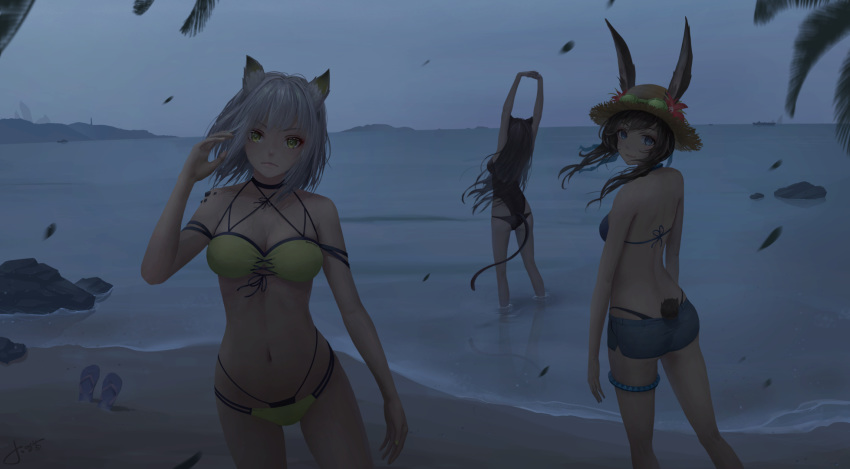3girls amiya_(arknights) animal_ears arknights arms_up ass bangs bare_arms bare_shoulders beach bikini black_bikini black_swimsuit blue_eyes blue_shorts brown_hair cat_ears cat_tail chinese_commentary commentary_request cowboy_shot ears_through_headwear eyebrows_visible_through_hair feet_out_of_frame flip-flops flower from_behind goggles goggles_on_headwear green_bikini green_eyes hand_up hat hat_flower highres jay_xu kal'tsit_(arknights) long_hair looking_at_viewer looking_back multi-strapped_panties multiple_girls navel night night_sky ocean one-piece_swimsuit ore_lesion_(arknights) rabbit_ears red_flower rock sandals short_hair short_shorts shorts silver_hair sky skyfire_(arknights) smile soaking_feet standing stomach stretch sun_hat swimsuit tail thighlet thighs water