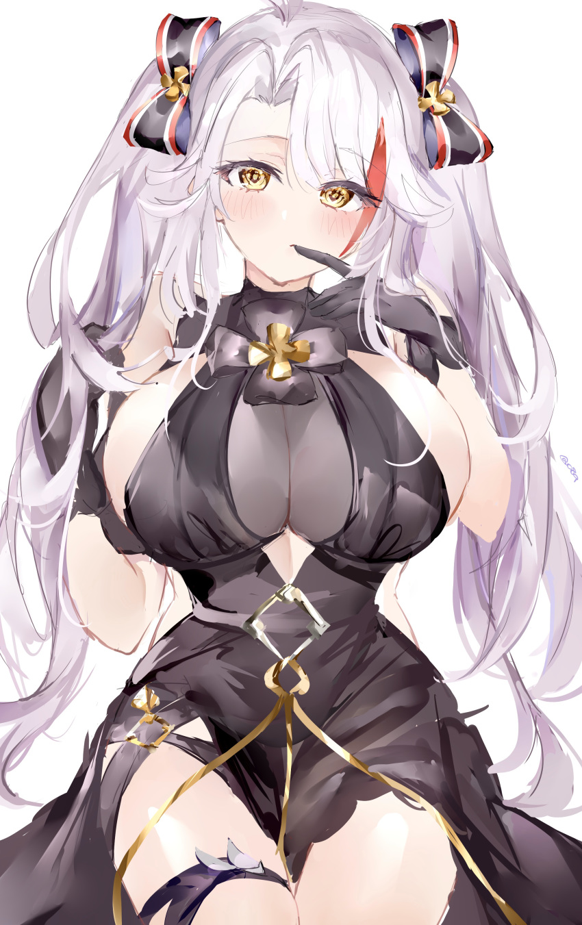 1girl absurdres antenna_hair azur_lane bangs black_dress black_gloves blush bow breasts brown_eyes dress eyebrows_visible_through_hair gloves hair_between_eyes highres huge_breasts long_hair looking_at_viewer mile_(off8mile) mole mole_on_breast multicolored_hair prinz_eugen_(azur_lane) prinz_eugen_(cordial_cornflower)_(azur_lane) redhead see-through silver_hair simple_background sitting solo streaked_hair thighs two_side_up very_long_hair white_background