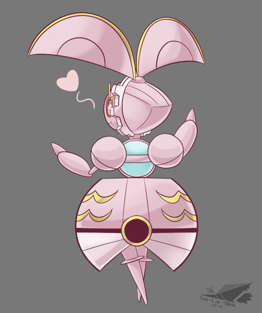 commentary creature english_commentary from_behind full_body gen_7_pokemon grey_background heart highres looking_at_viewer looking_back magearna magearna_(normal) mythical_pokemon no_humans pink_theme pokemon pokemon_(creature) simple_background sol-lar-bink solo standing