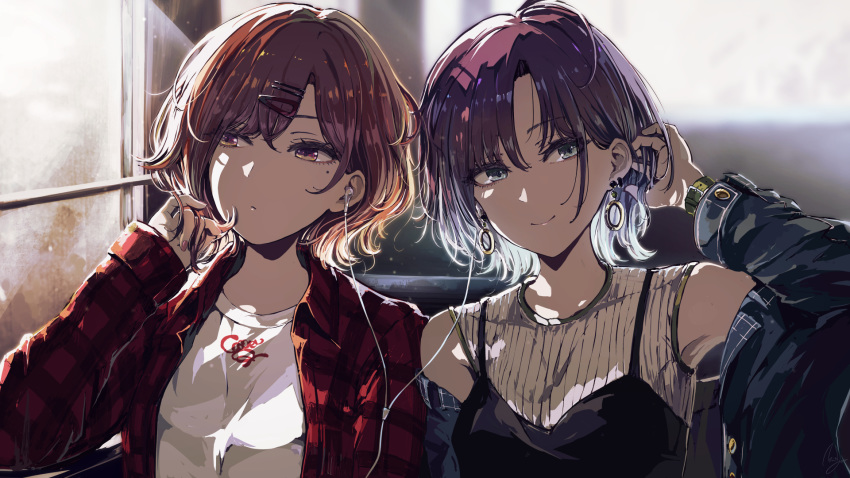 2girls asakura_tooru bare_shoulders black_dress blue_jacket blurry blurry_background brown_eyes brown_hair closed_mouth collared_jacket commentary_request depth_of_field dress earphones earphones earrings grey_eyes hand_up highres higuchi_madoka hoop_earrings idolmaster idolmaster_shiny_colors jacket jewelry long_sleeves looking_at_viewer minyom mole mole_under_eye multiple_girls nail_polish open_clothes open_jacket pink_nails plaid_jacket red_jacket ribbed_shirt shared_earphones shirt sleeveless sleeveless_dress sleeveless_shirt sleeves_past_wrists smile upper_body white_shirt window