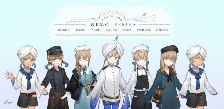 androgynous apron belt beret binoculars braid captain_nemo_(fate/grand_order) closed_eyes dirty_face fate/grand_order fate_(series) glasses gradient gradient_background gradient_hair hat hat_feather highres kibou multicolored_hair sailor_collar shorts signature sleeves_past_fingers sleeves_past_wrists smile turban twintails wrench
