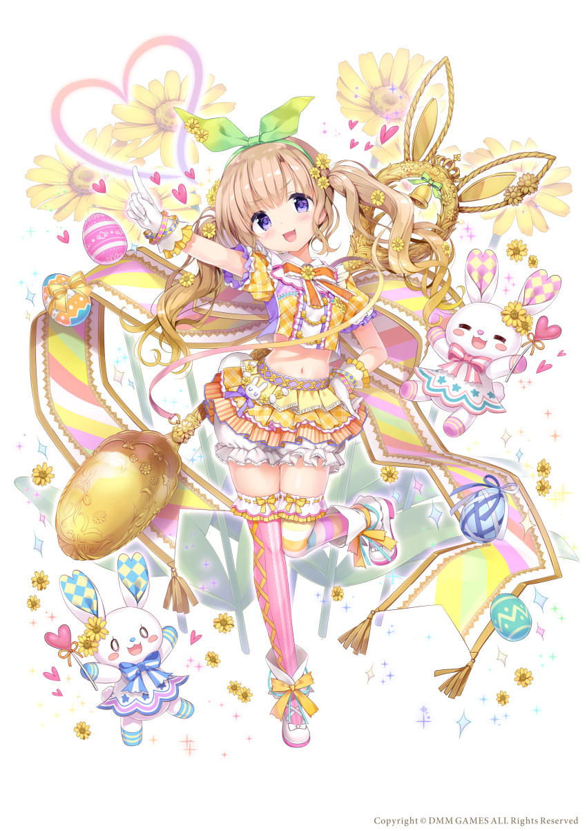 1girl :d absurdres bangs bell blonde_hair bloomers blush boots bow commentary_request crop_top easter easter_egg egg eyebrows_visible_through_hair flower flower_knight_girl frilled_legwear gloves gradient_hair green_ribbon hair_flower hair_ornament hair_ribbon hand_on_hip head_tilt highres index_finger_raised kimishima_ao layered_skirt light_brown_hair long_hair looking_at_viewer midriff mismatched_legwear multicolored_hair navel object_namesake official_art open_mouth orange_bow outstretched_arm pink_legwear plaid plaid_shirt plaid_skirt pleated_skirt puffy_short_sleeves puffy_sleeves ribbon shirt short_sleeves simple_background skirt smile solo sparkle standing standing_on_one_leg striped striped_legwear stuffed_animal stuffed_bunny stuffed_toy twintails underwear usagigiku_(flower_knight_girl) v-shaped_eyebrows very_long_hair violet_eyes watermark white_background white_bloomers white_footwear white_gloves yellow_flower yellow_shirt yellow_skirt