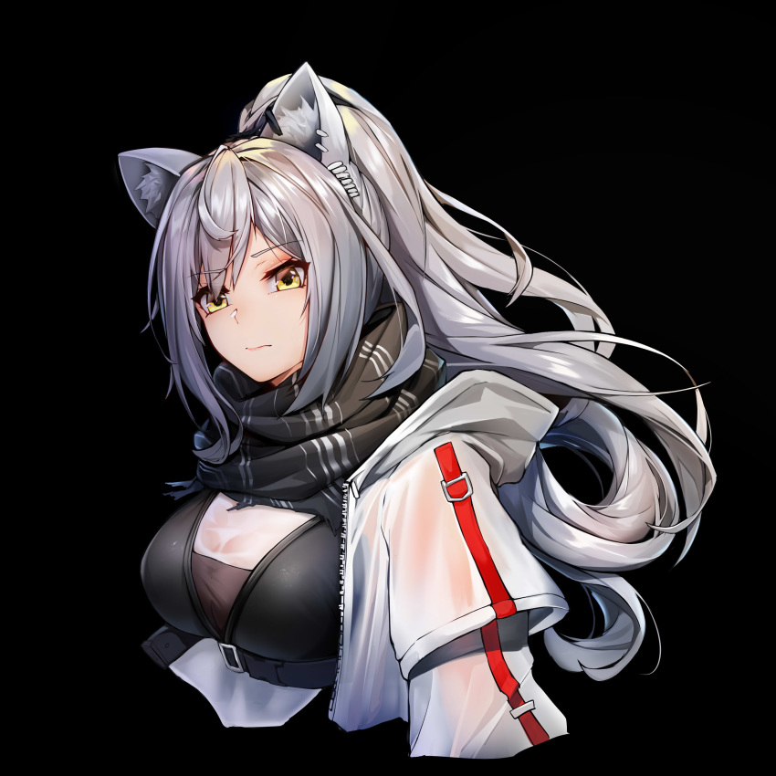 1girl absurdres animal_ear_fluff animal_ears arknights bangs black_background black_scarf breasts cat_ears cropped_torso eyebrows_visible_through_hair highres hood hooded_jacket iku!_iku!! jacket large_breasts long_hair long_ponytail looking_at_viewer open_clothes open_jacket ponytail scarf schwarz_(arknights) silver_hair simple_background solo upper_body white_jacket yellow_eyes