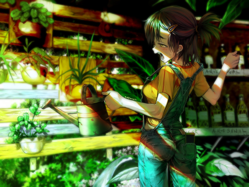 1girl ass bare_arms breasts brown_hair cellphone clip_studio_paint_(medium) denim eudetenis from_behind half-closed_eye highres medium_breasts open_mouth original overalls phone plant pocket shirt short_sleeves smartphone solo sunlight t-shirt tied_hair yawning