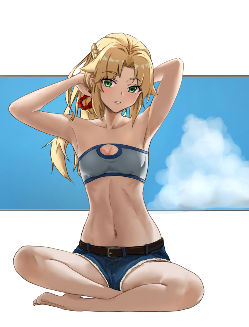 1girl bandeau bangs bare_shoulders blue_shorts blush braid breasts collarbone denim denim_shorts fate_(series) french_braid green_eyes hair_ornament hair_scrunchie highres indian_style long_hair looking_at_viewer mordred_(fate) mordred_(fate)_(all) navel ninec parted_bangs parted_lips red_scrunchie scrunchie short_shorts shorts sitting small_breasts solo