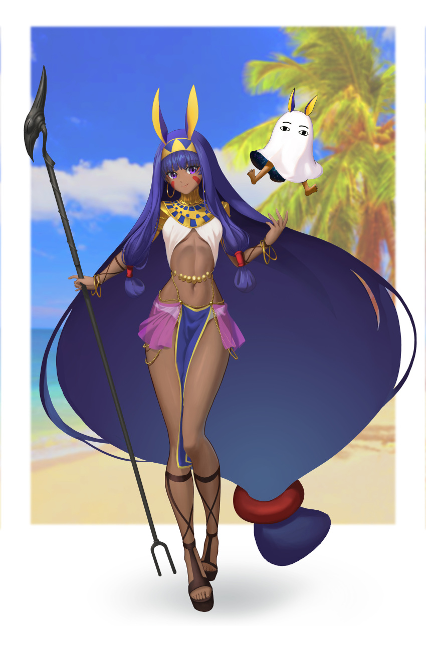 1girl absurdres animal_ears bangs beach belly_chain blue_sky blurry blurry_background bracelet breasts closed_mouth dark_skin earrings egyptian egyptian_clothes facepaint facial_mark fate/grand_order fate_(series) full_body hair_tubes hairband highres hoop_earrings jackal_ears jewelry long_hair looking_at_viewer low-tied_long_hair medjed navel ninec nitocris_(fate/grand_order) palm_tree pauldrons pelvic_curtain purple_hair sidelocks sky small_breasts smile staff tree usekh_collar very_long_hair violet_eyes