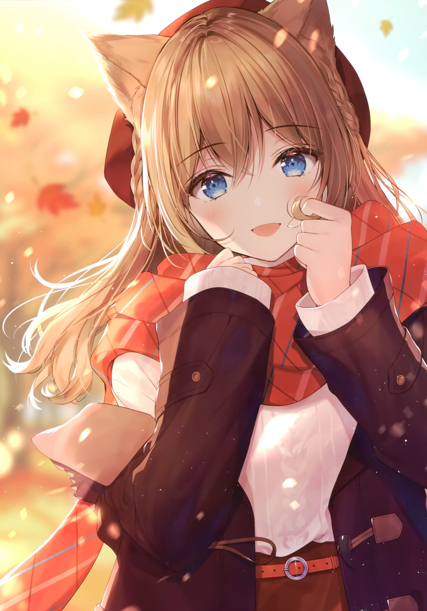 1girl absurdres animal_ear_fluff animal_ears autumn autumn_leaves bangs belt beret blonde_hair blue_eyes blurry blurry_background blush braid cat_ears cat_girl coat day eyebrows_visible_through_hair falling_leaves hands_up hat highres leaf light_particles long_hair long_sleeves looking_at_viewer maple_leaf necomi off_shoulder open_clothes open_coat open_mouth original outdoors scarf sleeves_past_wrists smile solo sweater tied_hair upper_body