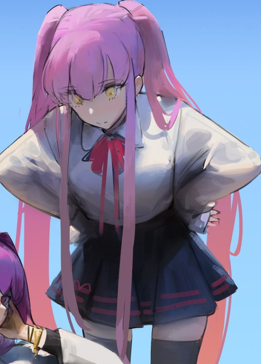 alternate_costume alternate_hairstyle blouse casual dokshuri fate/grand_order fate_(series) hair_over_shoulder hands_on_hips highres leaning_forward medb_(fate)_(all) pink_hair scathach_(fate)_(all) scathach_(fate/grand_order) school_uniform thigh-highs twintails white_blouse yellow_eyes