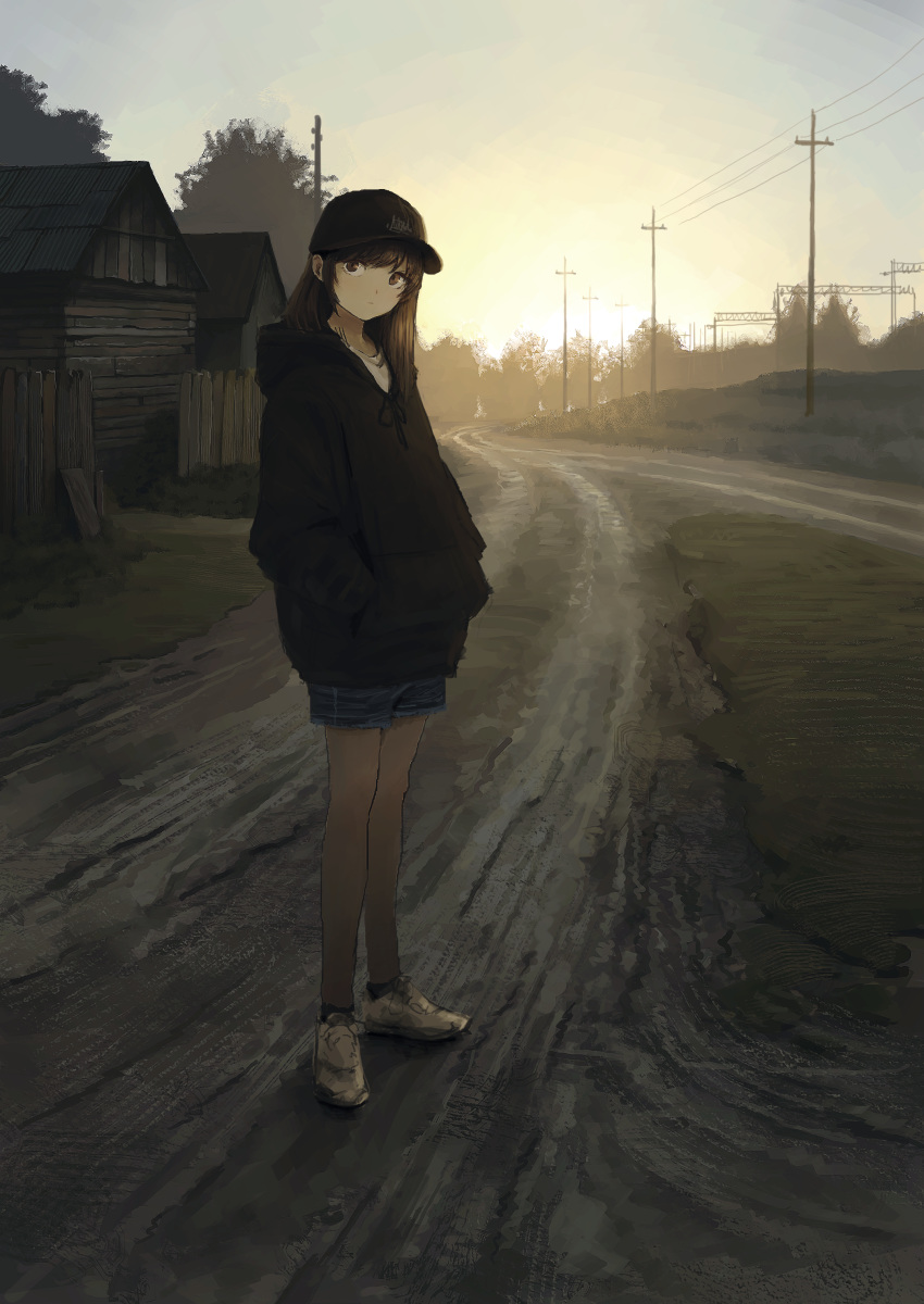 1girl absurdres baseball_cap brown_eyes brown_hair commentary dirt_road hands_in_pockets hat highres hood hoodie long_hair original outdoors panp road scenery short_hair short_shorts shorts telephone_pole