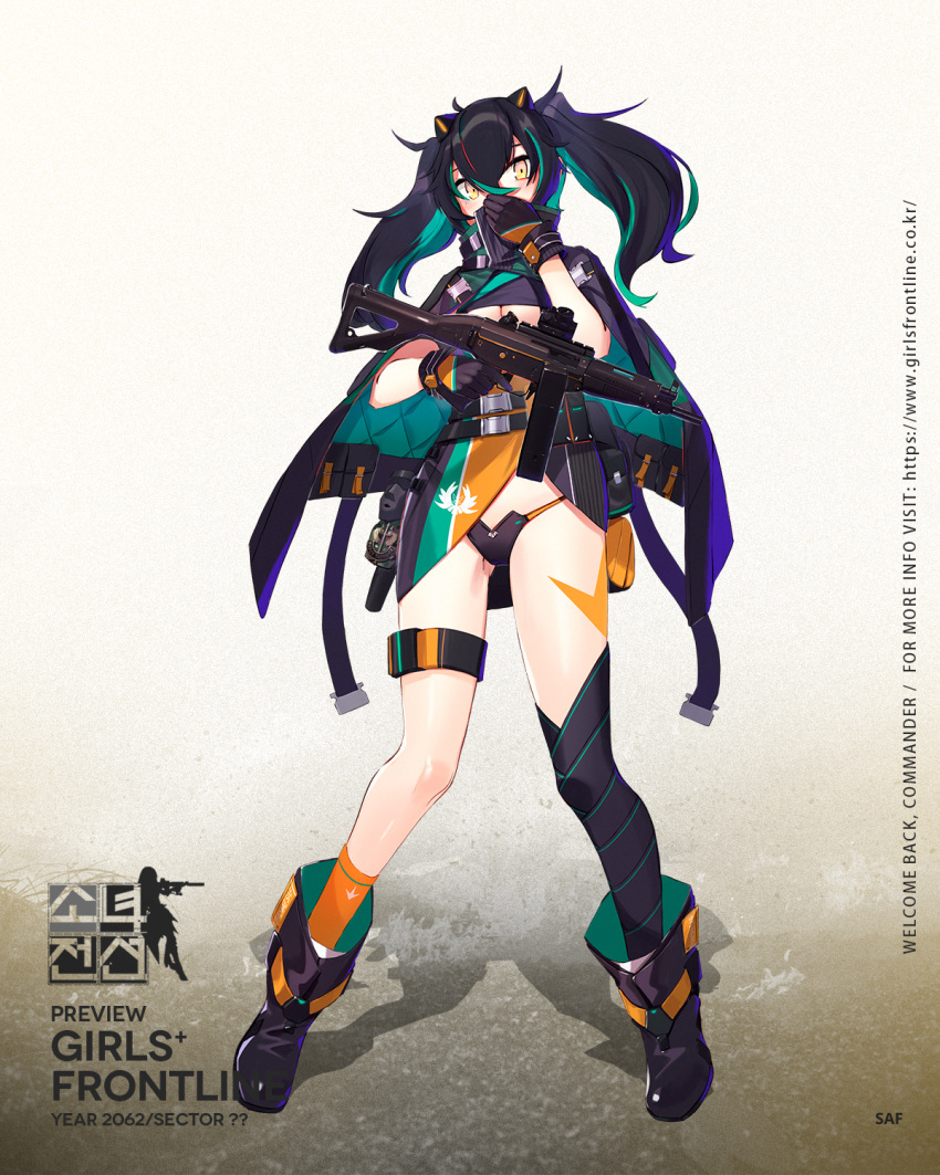 1girl artist_request bangs belt black_hair blue_hair boots character_name full_body girls_frontline gloves gun hair_between_eyes headgear highres holding holding_gun holding_weapon kneehighs long_hair mismatched_legwear multicolored multicolored_hair official_art pouch single_kneehigh single_thighhigh solo standing streaked_hair thigh-highs thigh_strap twintails weapon yellow_eyes