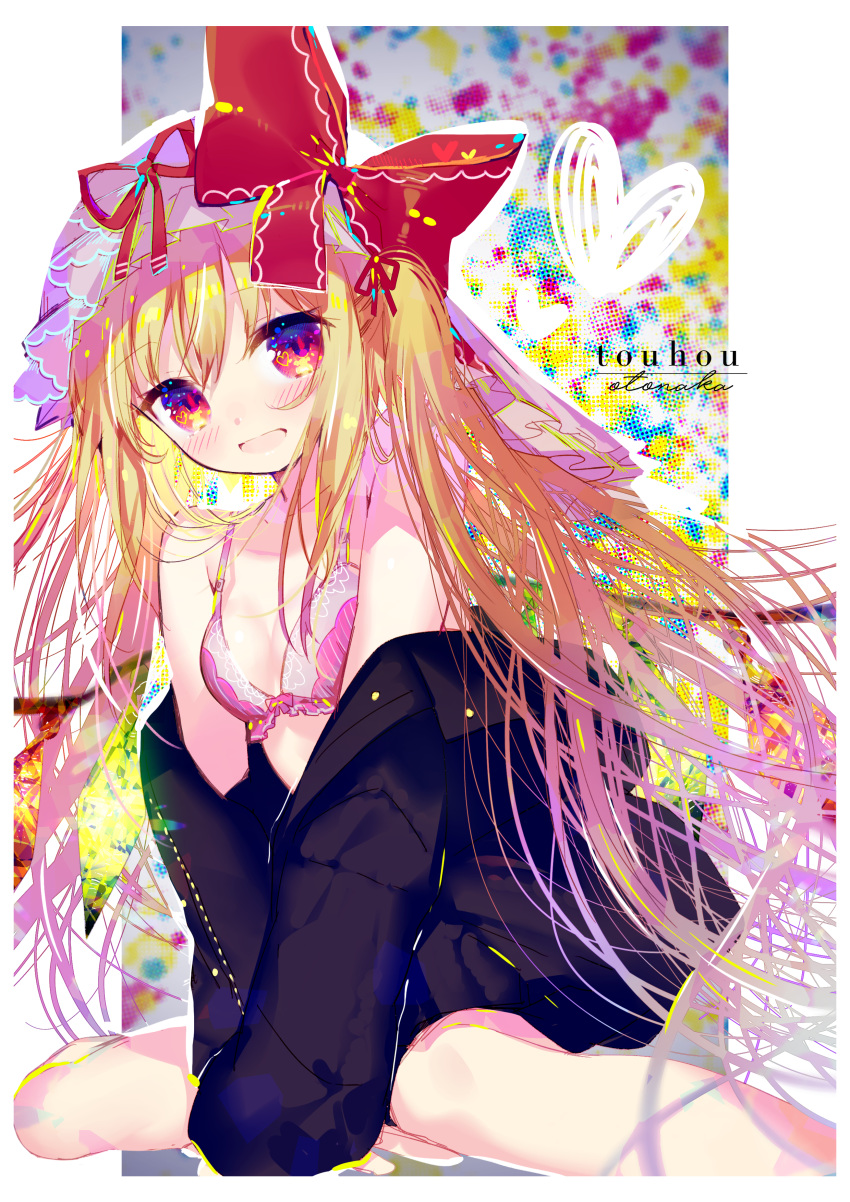 1girl :d absurdres bangs bare_shoulders bikini black_jacket blonde_hair blush bow eyebrows_visible_through_hair feet_out_of_frame flandre_scarlet hat hat_bow highres hinasumire jacket long_hair long_sleeves looking_at_viewer mob_cap off_shoulder one_side_up open_mouth pink_bikini red_bow red_eyes sitting smile solo swimsuit touhou very_long_hair wings