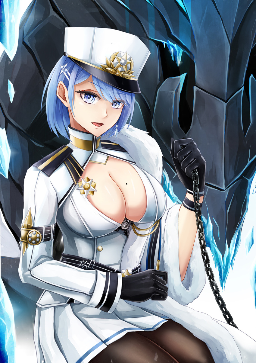 1girl azur_lane badge belt black_belt black_gloves blue_eyes blue_hair blush breasts chain chapayev_(azur_lane) coolnova eyebrows_visible_through_hair gloves hair_ornament hairclip hat highres holding_chain ice ice_crystal jacket large_breasts long_sleeves looking_at_viewer military_hat mole mole_on_breast open_mouth pantyhose peaked_cap short_hair sitting smile solo star white_headwear white_jacket