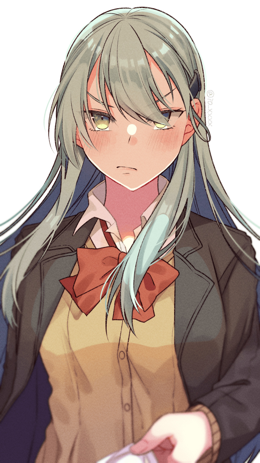 1girl aqua_hair bangs blazer blurry blurry_foreground blush breasts brown_jacket closed_mouth collared_shirt commentary_request ear_blush eyebrows_visible_through_hair eyes_visible_through_hair hair_between_eyes hair_ornament hairclip highres jacket kantai_collection long_hair long_sleeves red_neckwear school_uniform shirt simple_background solo suzuya_(kantai_collection) tanaka_io_(craftstudio) twitter_username white_background