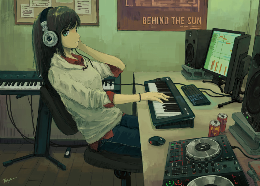 1girl black_hair can chair commentary computer denim green_eyes headphones hood hoodie indoors instrument jeans kensight328 keyboard_(computer) keyboard_(instrument) long_hair looking_at_viewer mixing_console mole mole_under_eye monitor mouse_(computer) office_chair original pants sitting solo speaker